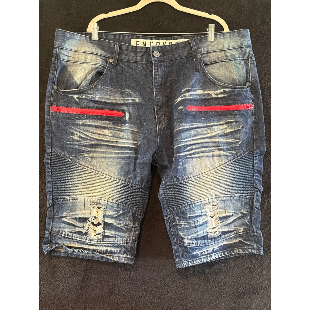 ENCRYPTED Denim Shorts Mens 42 Blue Red Zipper Distressed Moto Style 42